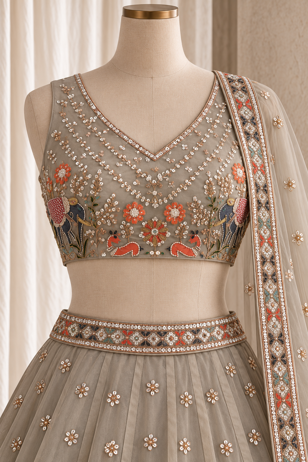 Elegance  Mirrorwork Lehenga with Sheer Dupatta