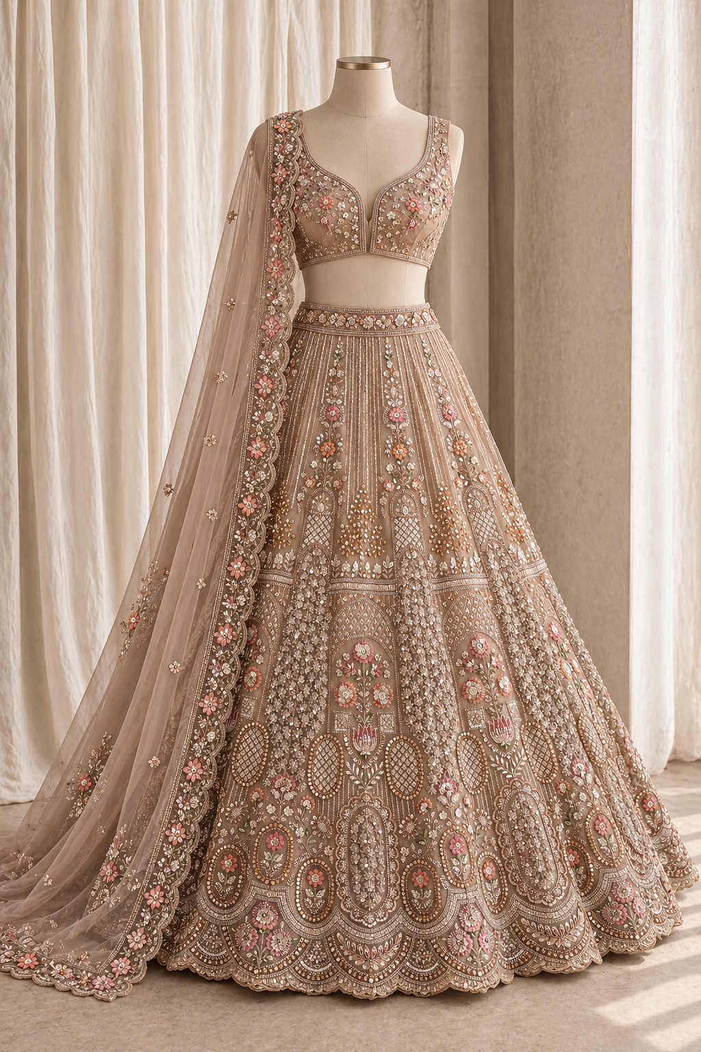 Taupe champagne lehenga with floral embroidery