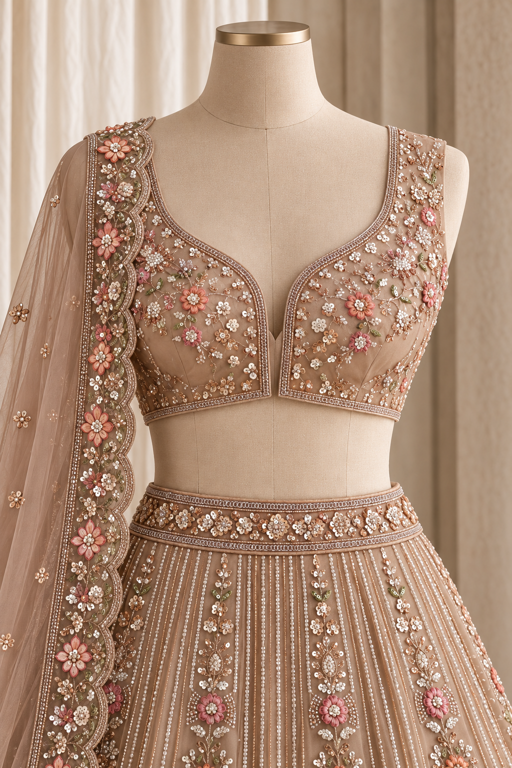 Taupe champagne lehenga with floral embroidery