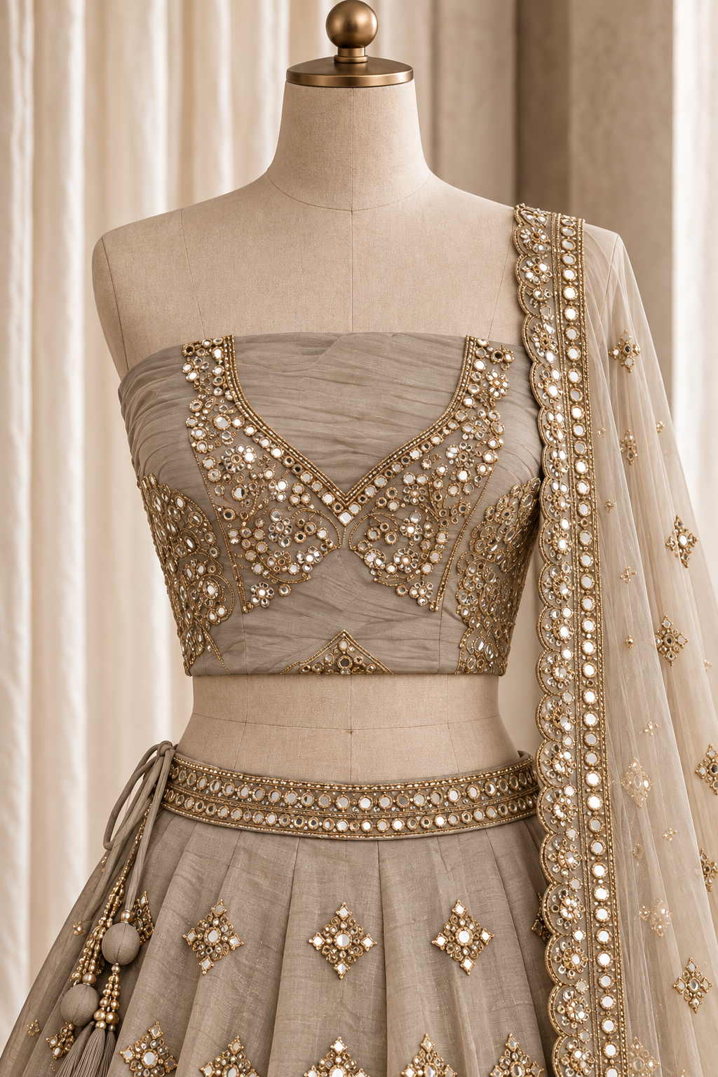 Cromulent Organza Fabric and Light Gold Color With Mirror Work With Lehenga Choli
