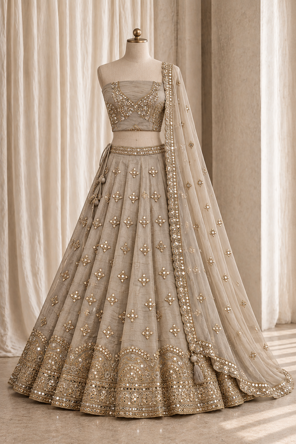 Cromulent Organza Fabric and Light Gold Color With Mirror Work With Lehenga Choli
