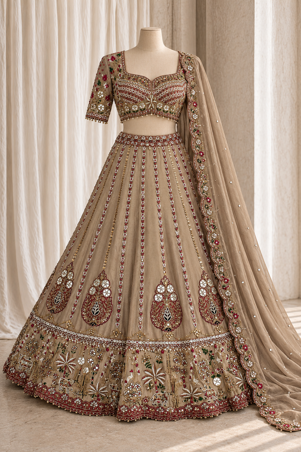 Taupe mirrorwork lehenga with dupatta