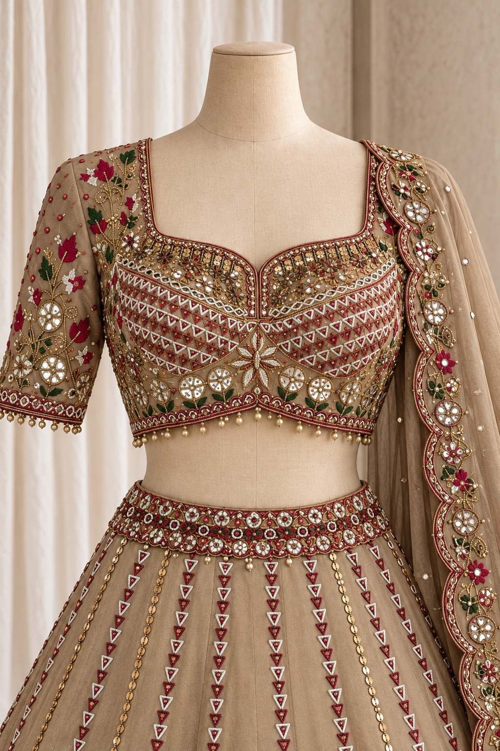 Taupe mirrorwork lehenga with dupatta