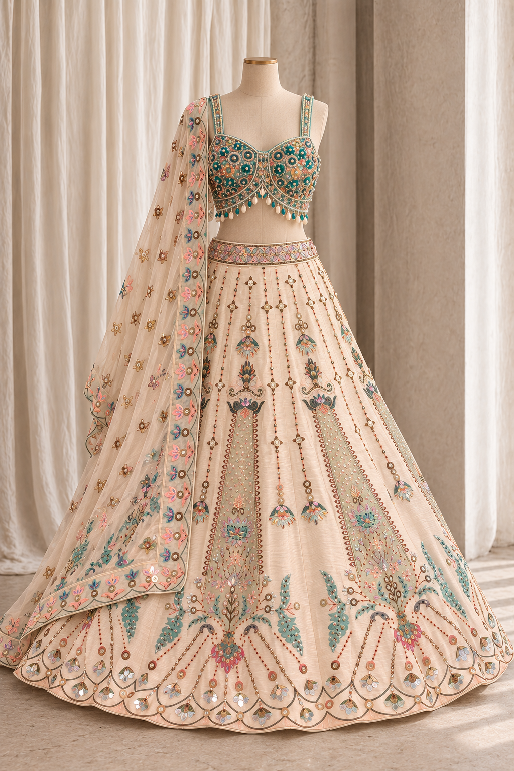 Breathtaking Art Silk Fabric and Ivory N Grey Blue Color With PDP Work With Lehenga Choli
