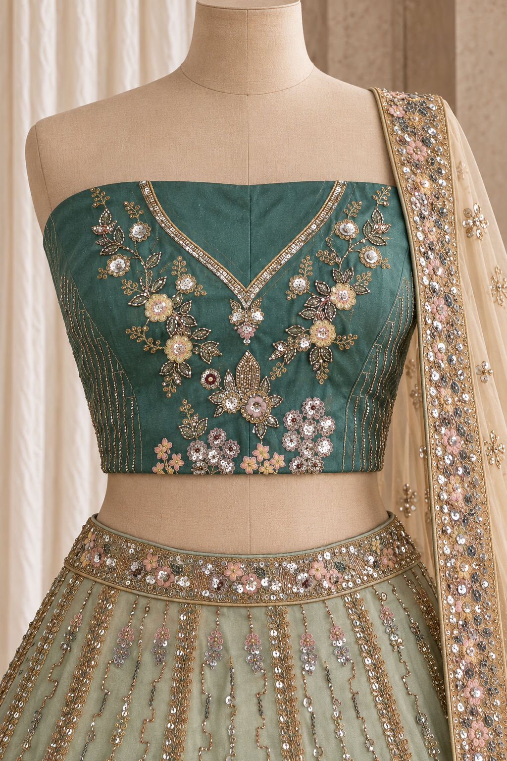 Teal Embroidered Lehenga on Beige Mannequin