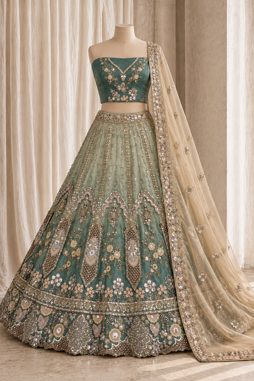 Teal Embroidered Lehenga on Beige Mannequin