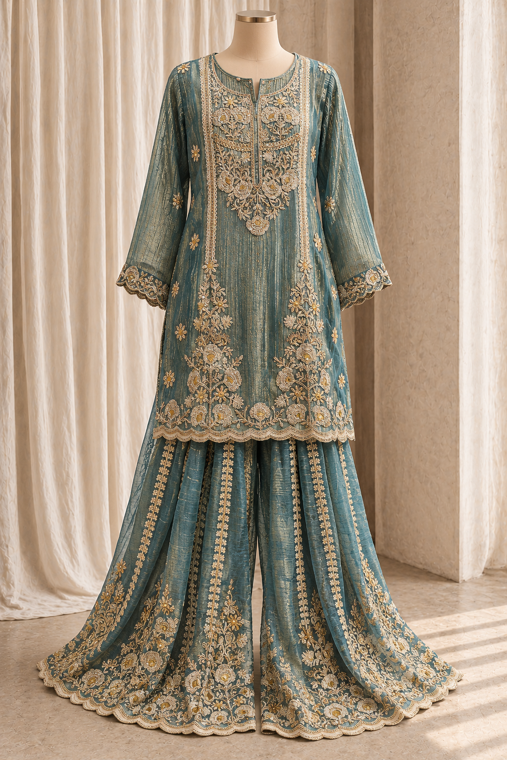 Trendy Tissue Silk Fabric and Rama Green Color With Zari Work With Palazzo Suits