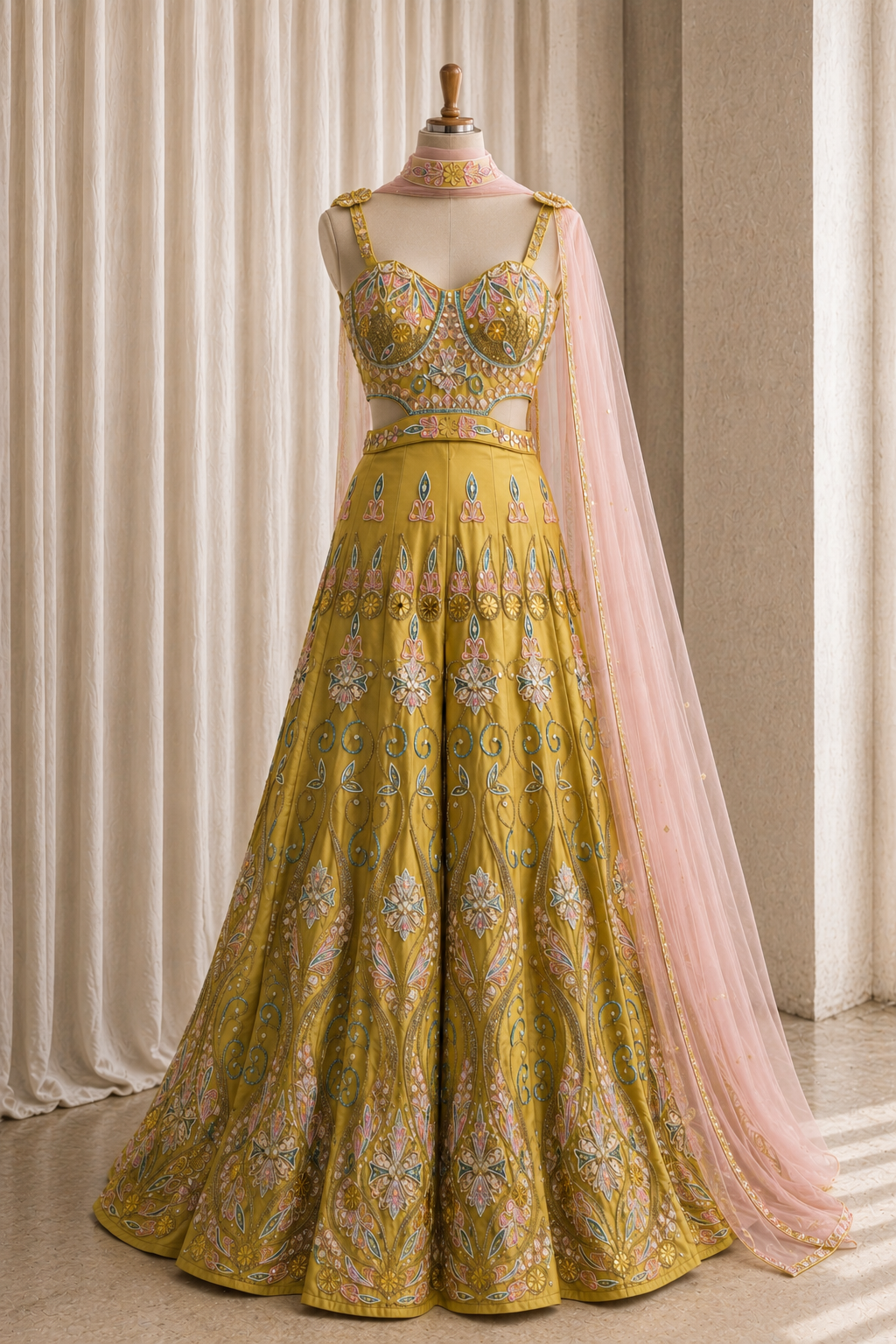Magnificent Moti Work and Raw Silk Fabric Mustard Color Jamsut PDP Style Suits