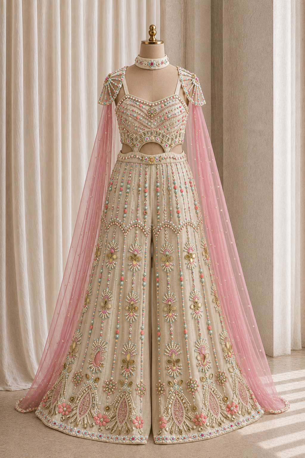 Stunning Moti Work and Raw Silk Fabric Beige Color Jamsut PDP Style Suits
