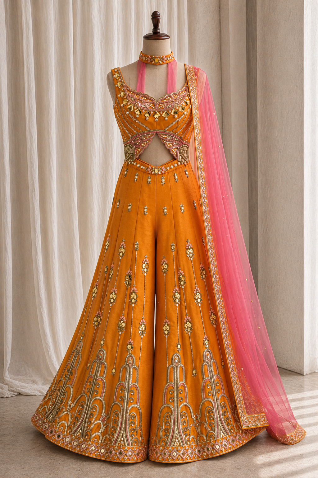 Important Mirror Work and Raw Silk Fabric Orange Color Jamsut PDP Style Suit