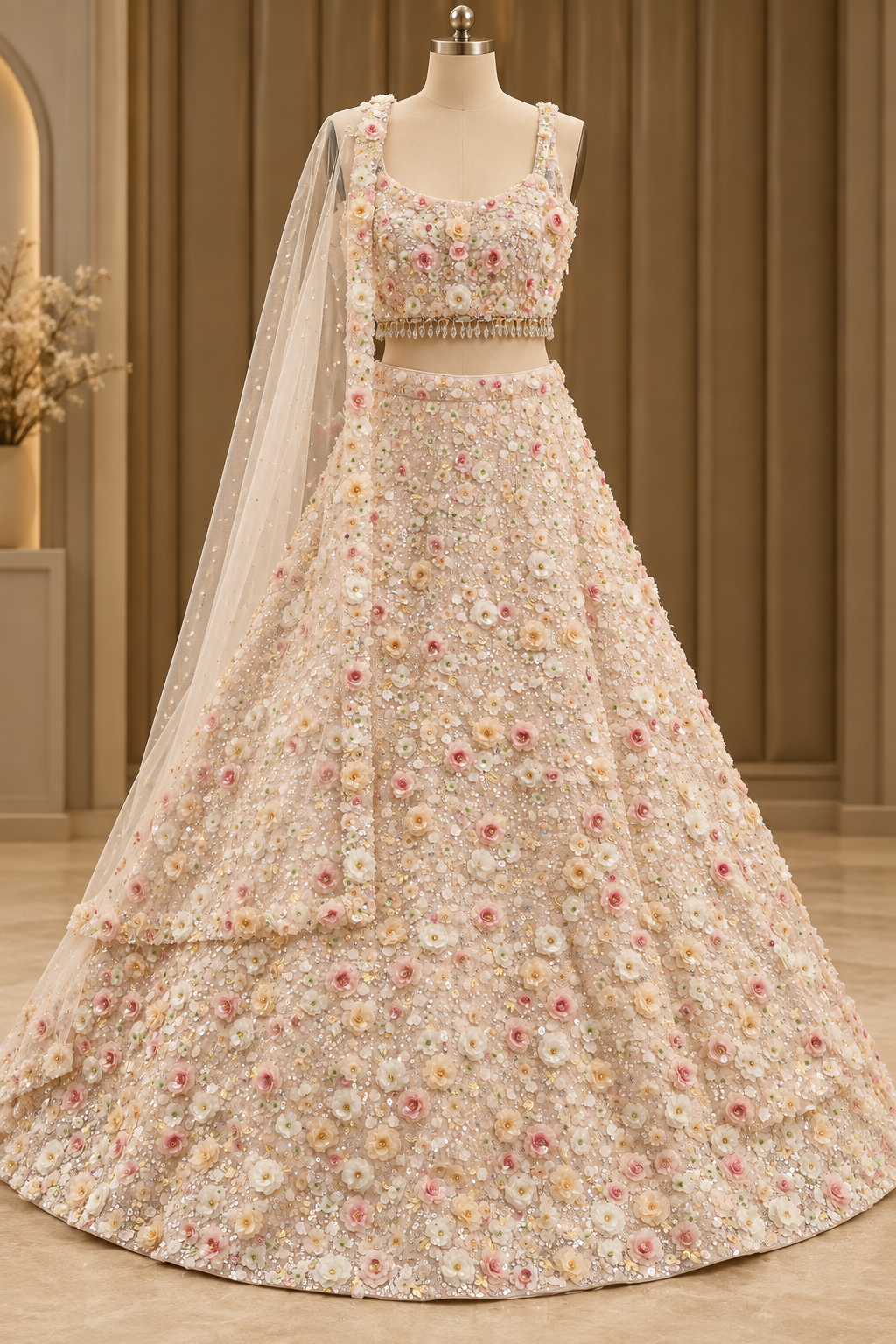 Dreamy Pastel Lehenga With 3D Handcrafted floral embellishments