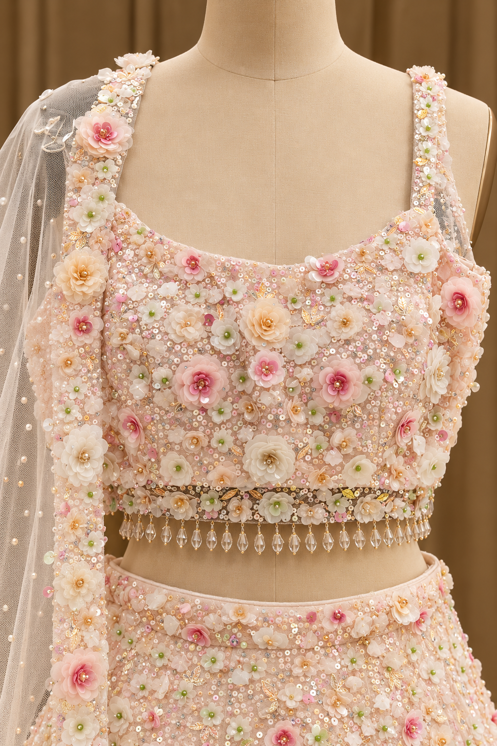 Dreamy Pastel Lehenga With 3D Handcrafted floral embellishments