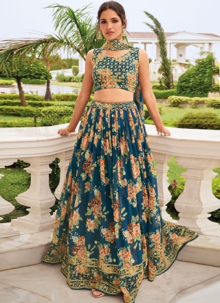 A Line Lehenga Choli Digital Print Faux Georgette in Teal