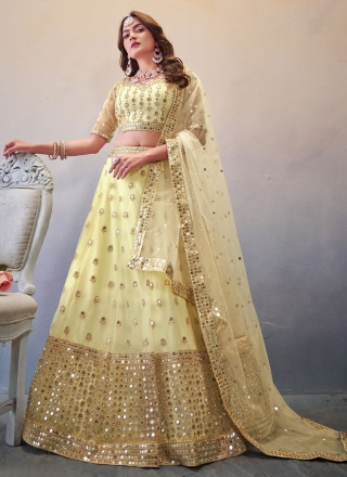 A Line Lehenga Choli Thread Work Net in Cream