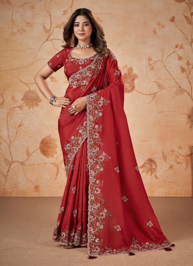 Absorbing Uppada Silk Stone Red Trendy Saree