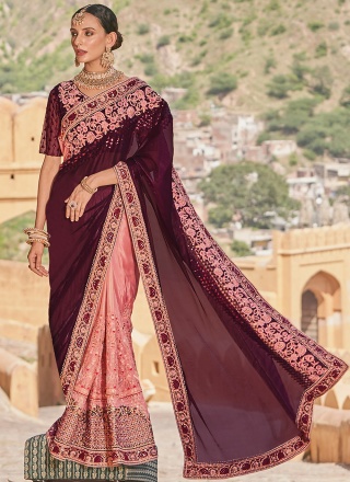 Adorable Embroidered Pink and Wine Fancy Fabric Classic Saree