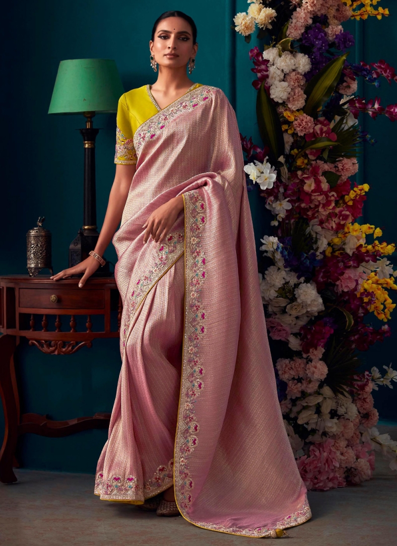 White and Pink Kanjivaram Saree - Urban Womania