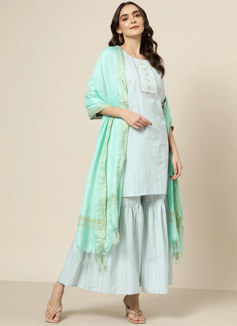 Adorning Gota Work Turquoise Blended Cotton Readymade Salwar Suit