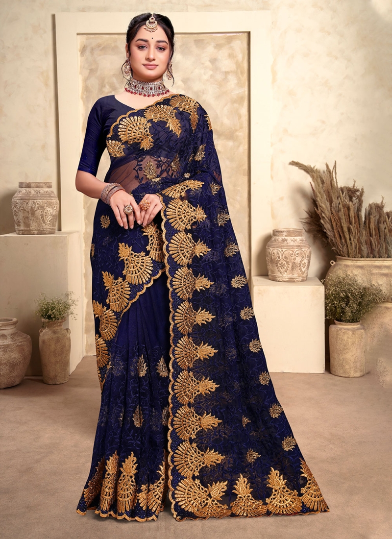 Adorning Net Blue Trendy Saree