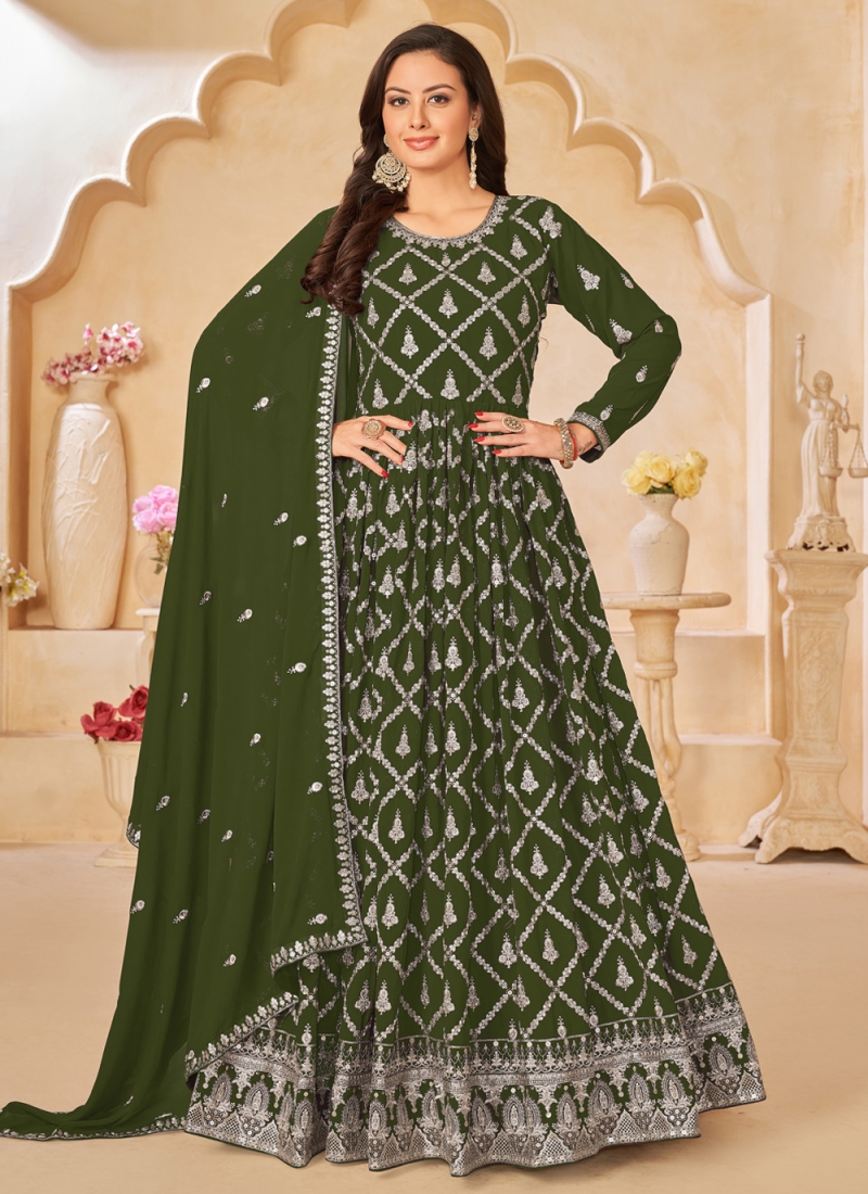 Adorning Zari Faux Georgette Green Anarkali Salwar Suit