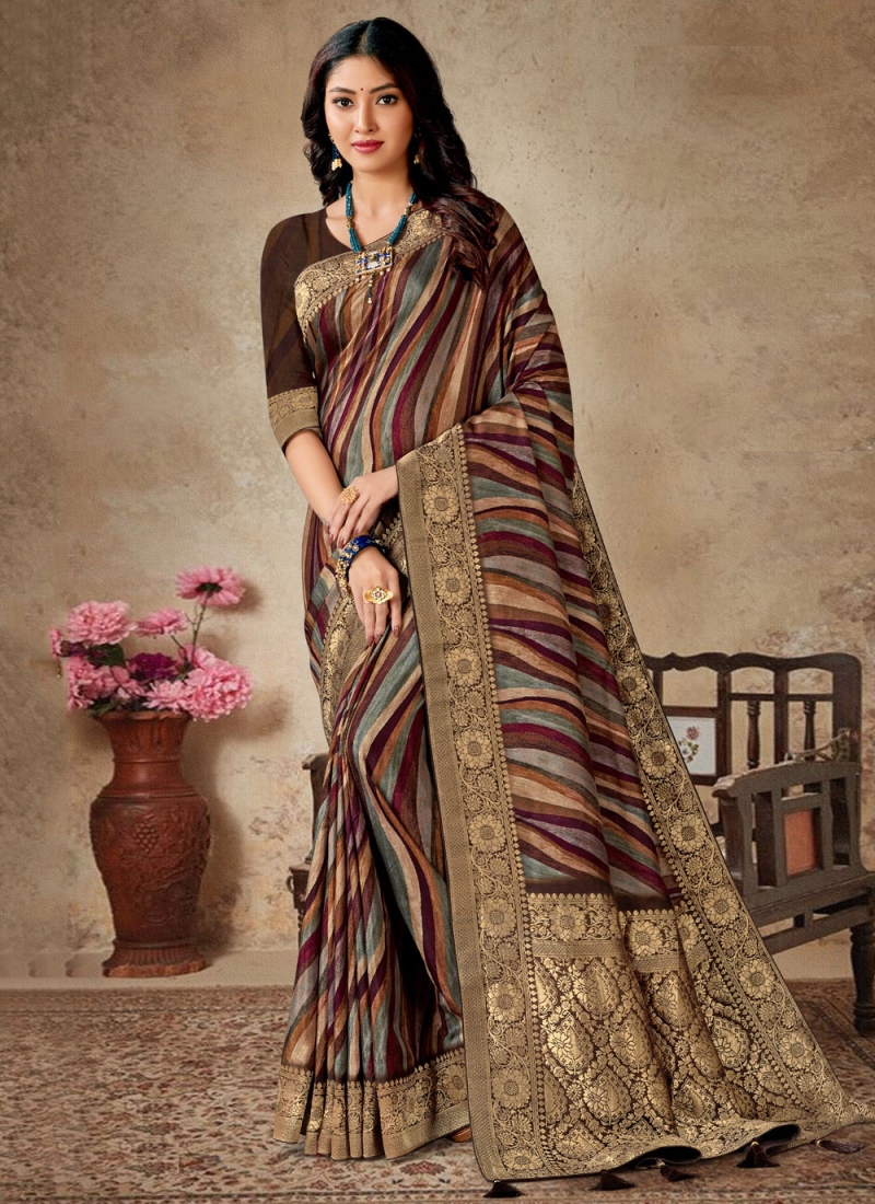 Affectionate Digital Print Brown Silk Traditional Saree