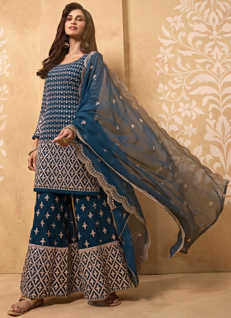 Affectionate Faux Georgette Embroidered Blue Designer Palazzo Salwar Kameez