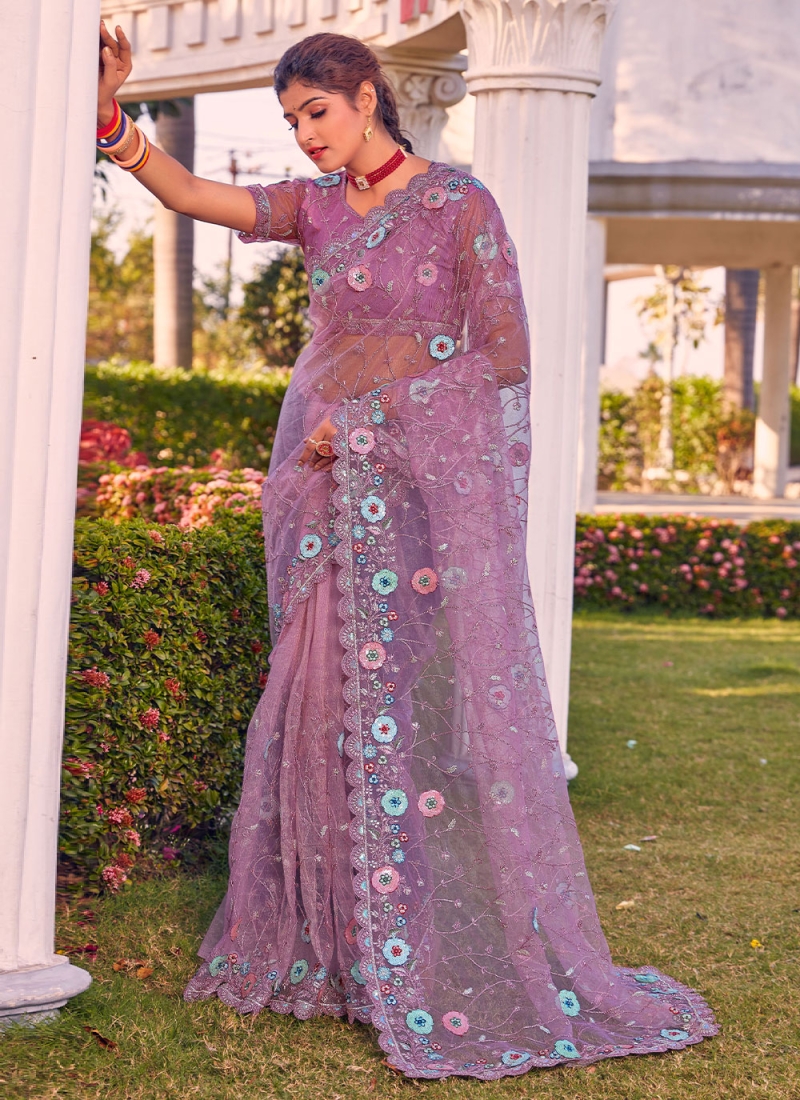 Alluring Lavender Resham Trendy Saree
