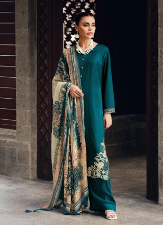 Alluring Muslin Teal Embroidered Trendy Salwar Kam