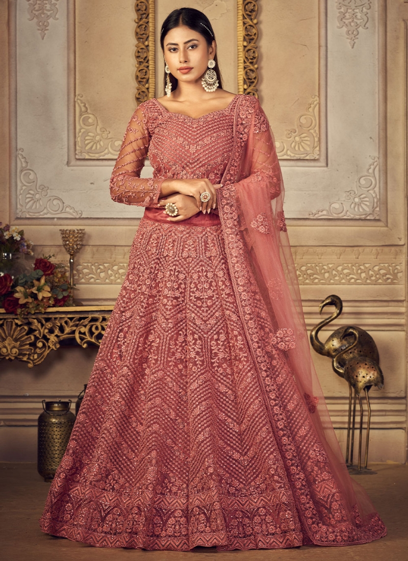 Pink Net Embroidered Long Anarkali Suit 261141