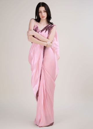 Alluring Pink Satin Silk Contemporary Style Saree