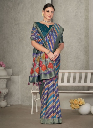 Alluring Tussar Silk Blue Embroidered Trendy Saree