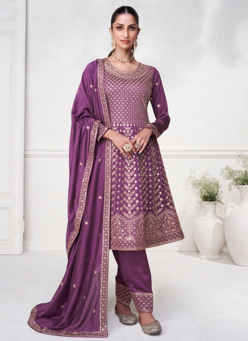 Amazing Embroidered Purple Silk Designer Salwar Kameez
