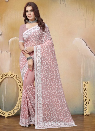 Angelic Peach Resham Georgette Designer Saree