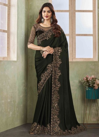 Appealing Satin Sequins Green Classic Saree