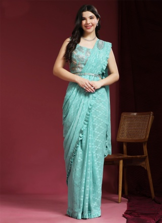 Aqua Blue Border Party Contemporary Saree