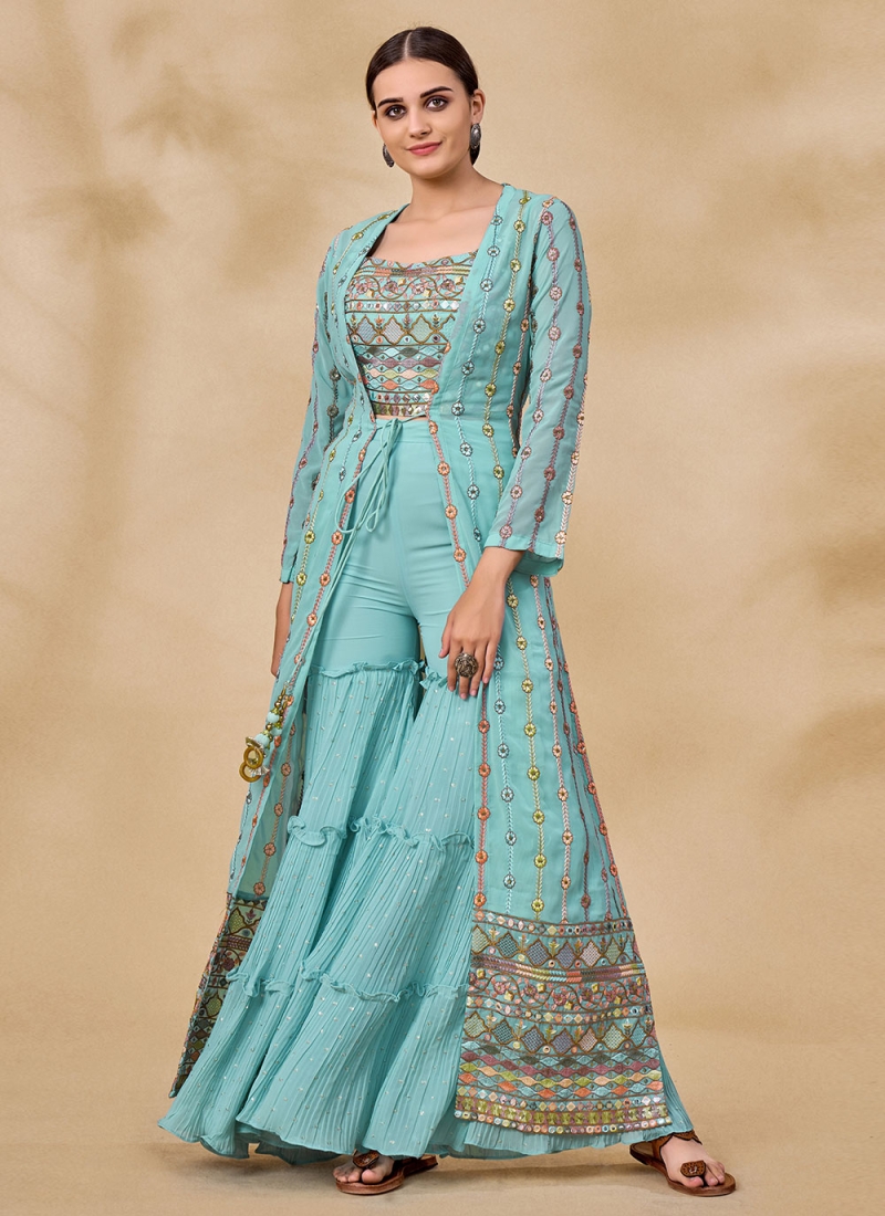 Aqua Blue Festival Georgette Palazzo Salwar Kameez