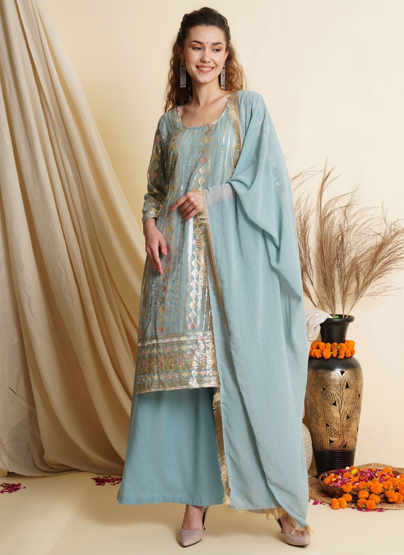 Aqua Blue Georgette Party Trendy Salwar Suit