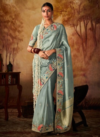 Aqua Blue Kanjivaram Silk Sequins Classic Saree