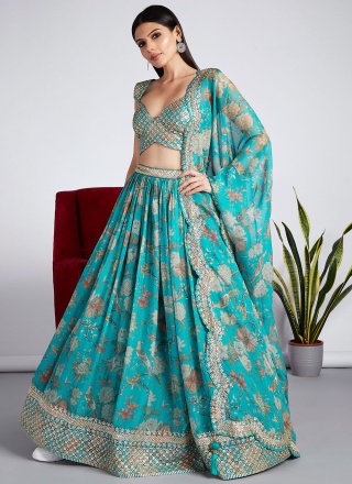 Aqua Blue Mehndi Trendy Lehenga Choli