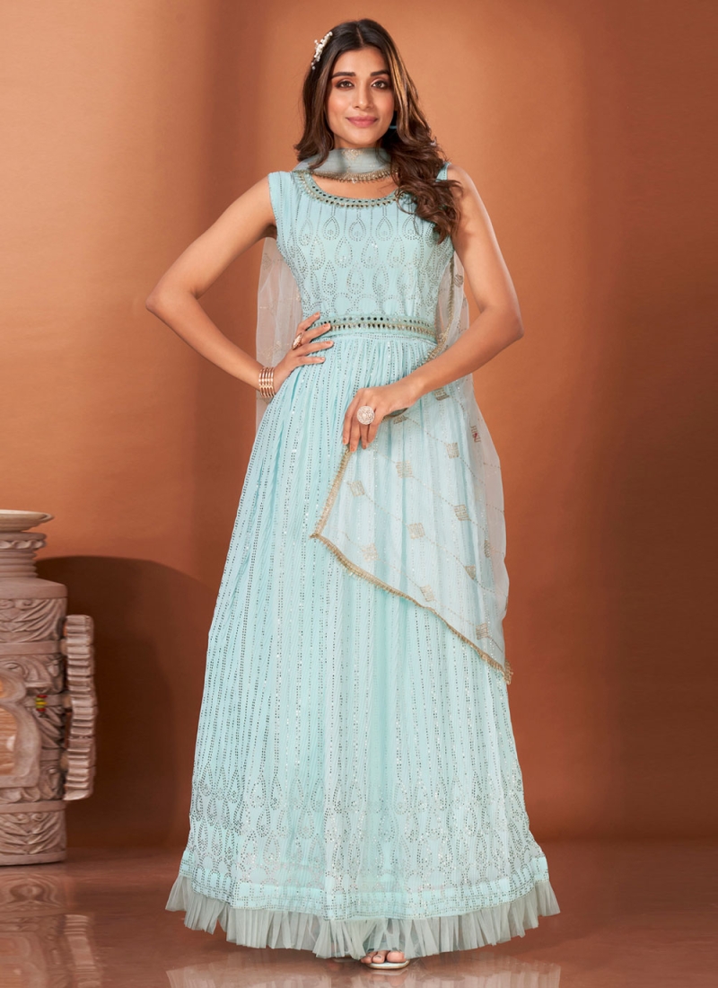 Aqua Blue Mukesh Crush Designer Gown