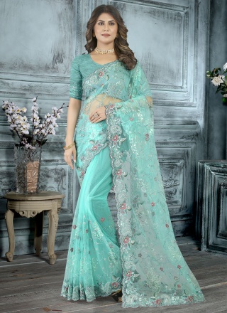 Aqua Blue Net Engagement Trendy Saree