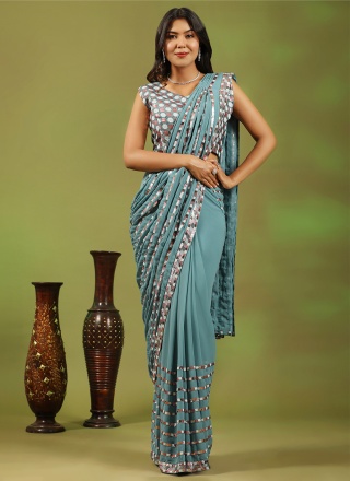 Aqua Blue Sequins Engagement Designer Saree