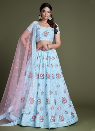 Aqua Blue Sequins Wedding Lehenga Choli