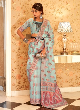 Aqua Blue Silk Contemporary Saree