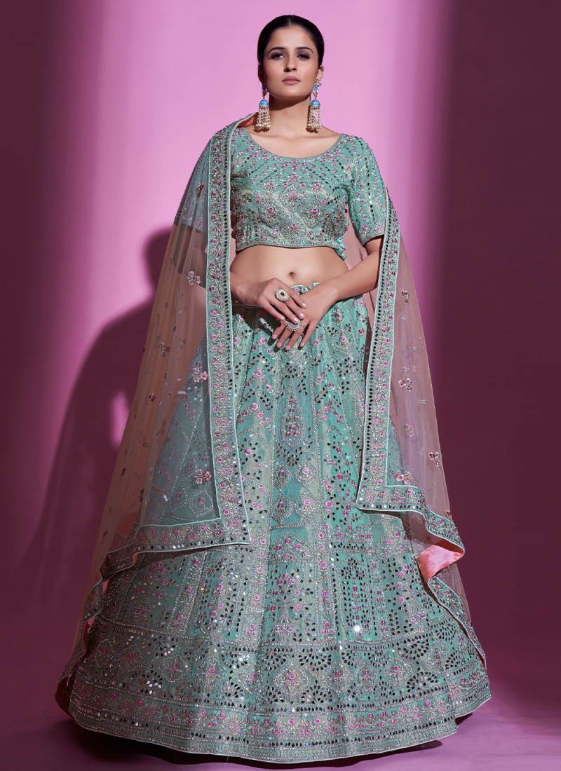 Aqua Blue Silk Sequins Trendy Lehenga Choli