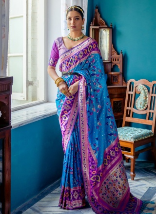 Aqua Blue Zari Banarasi Silk Contemporary Saree