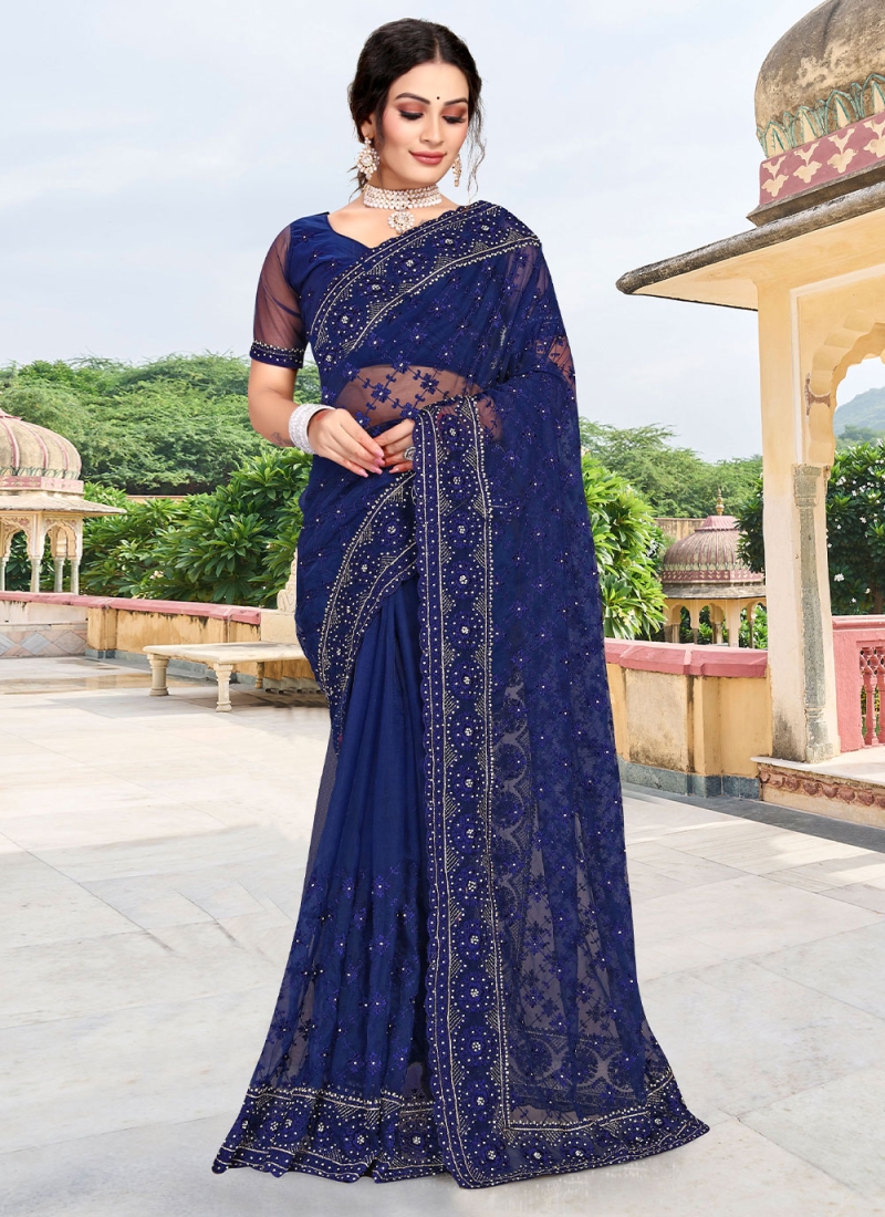 Arresting Navy Blue Resham Saree