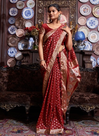 Arresting Weaving Red Banarasi Silk Traditional Designer Saree