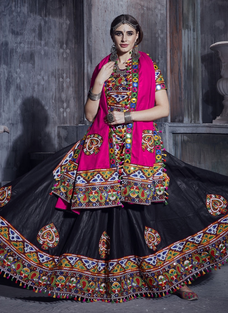 Buy Powder Pink Black Velvet Embroidered Lehenga With Blouse Online | Aza  Fashions
