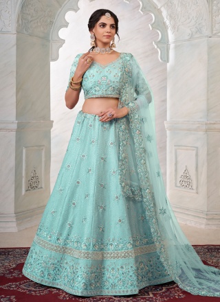 Art Silk Aqua Blue Embroidered A Line Lehenga Choli